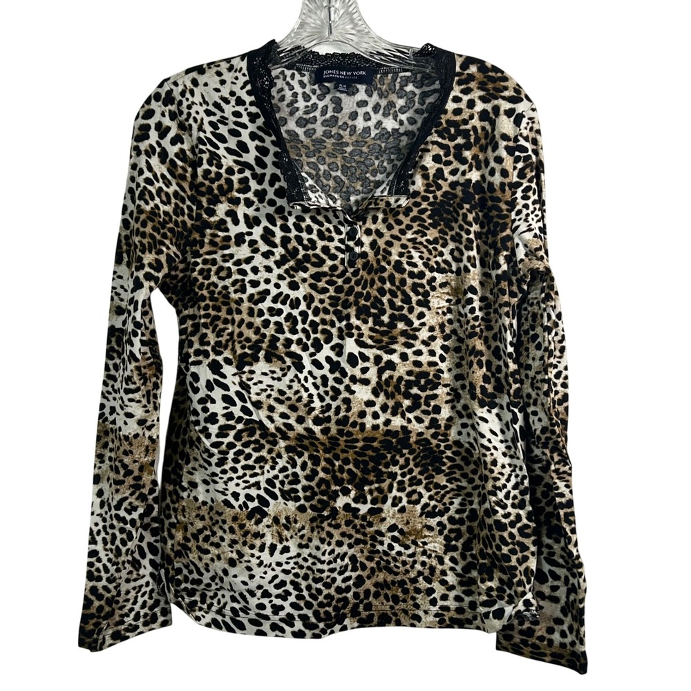 Jones New York Signature Petite Leopard Print Henley Lace Trim Top PL Brown